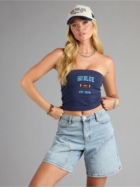 Navy 'GO BLUE' Strapless Football Tube Top